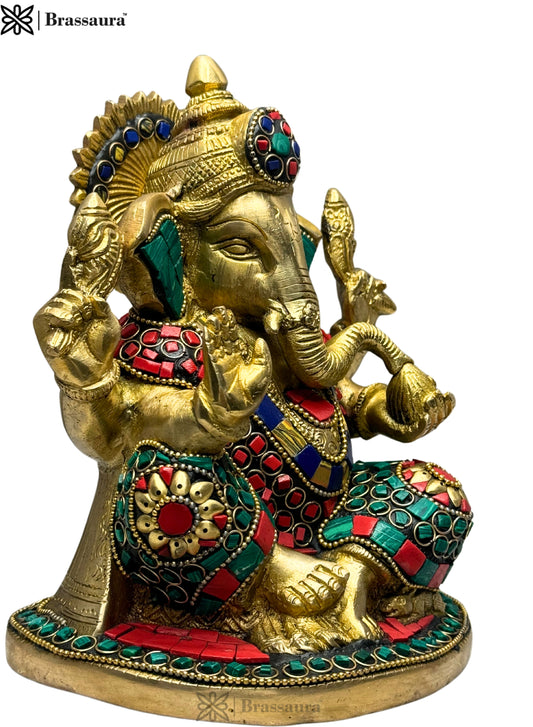 Brassaura Gemstone-Embellished Brass Ganesha Murti for Home & Temple Décor | Height 8.3 Inches