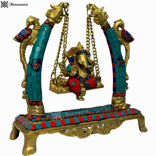 Brassaura Gemstone-Embellished Brass Ganesha Jhula for Home & Temple Décor | Height 11.8 Inches