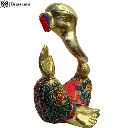 Brassaura™ Brass Trunk Ganesha Multicolor Gem Stone Handwork Idol Ganesh Statue in Modern Art for Home Office Desk Diwali Gift Pooja House Entrance Showpiece Gift Height 23 cm Weight 2.6 Kg