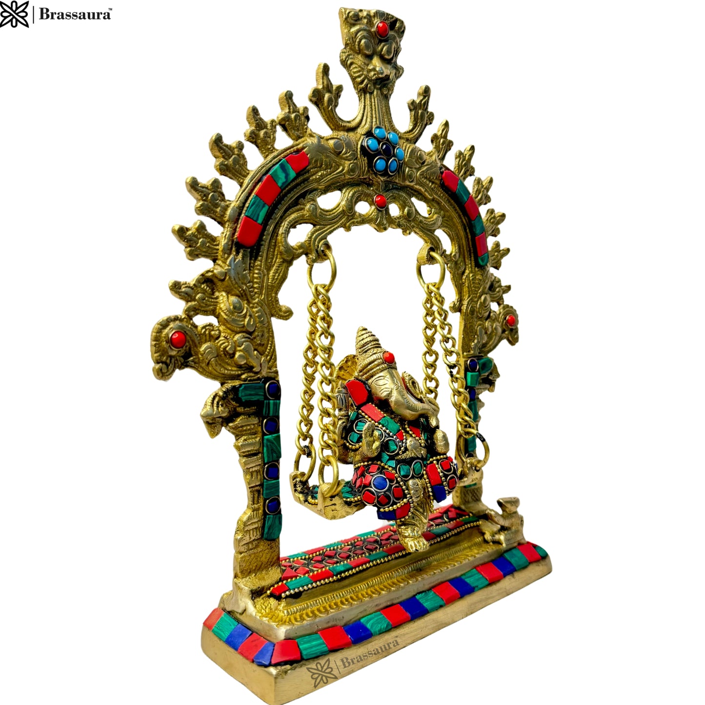 Brassaura™ Brass Gem Stone Work Ganesh Jhula Swing Idol Handwork Kirtimukha Ganesha Swing Statue Ganpati Bappa Jhoola Murti for Luck Home Decor Entrance Gift 28 Cm Weight 1.6 Kg