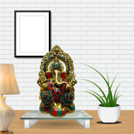 BrassAura Brass Stone Work Ganesha Brass god Idols home and décor gifts item Decorative Showpiece - 21 cm  (Brass, Multicolor)