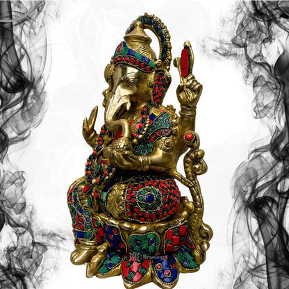 Brassaura™ Brass Gem Stone Inlay Work Lord Jewellary Ganesha Bhagwan Murti Sitting with Mooshak on Lotus Flower Base Idol for Home Decoration Ganpati Statue Diwali Gift Height 33 Cm Weight 7 Kg