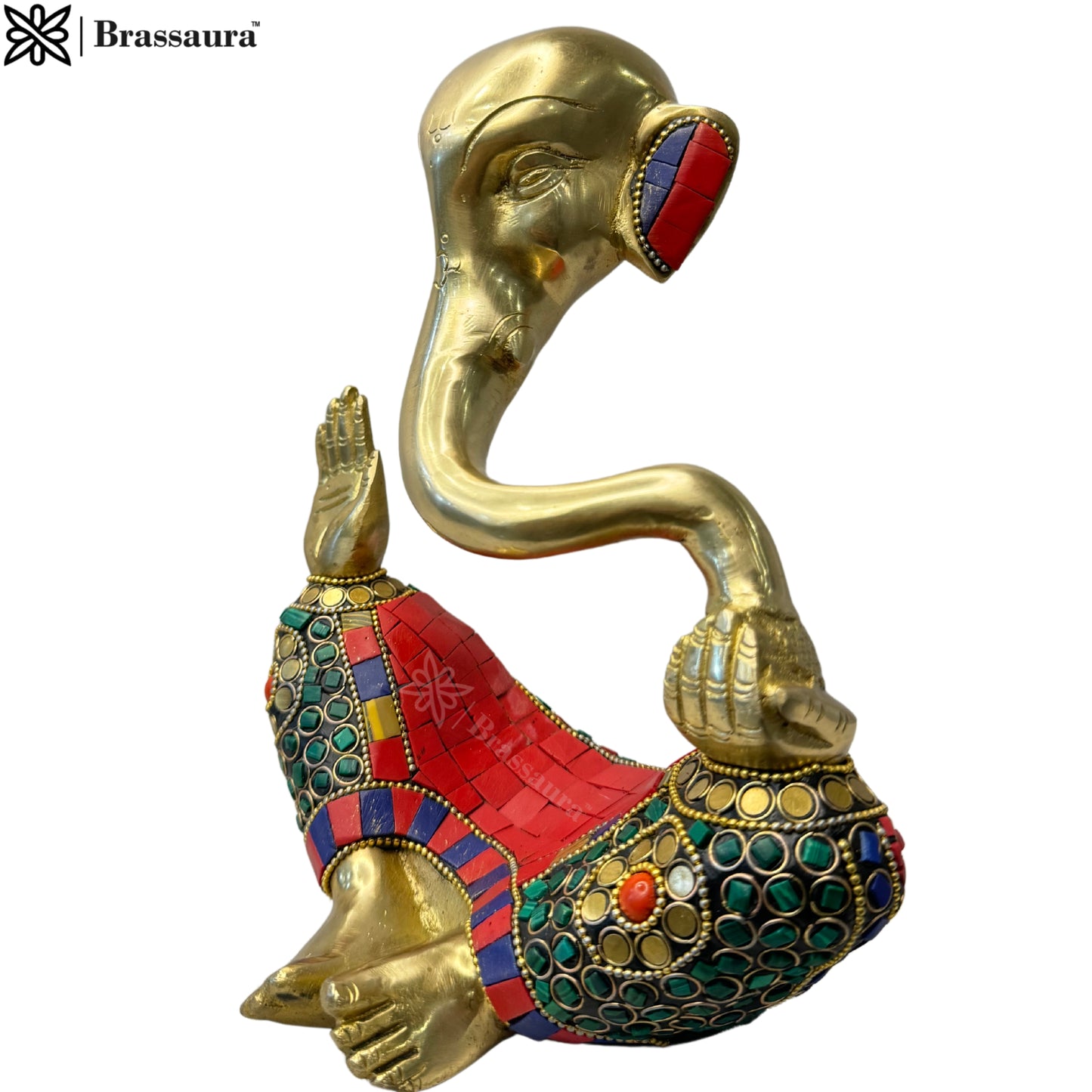 Brassaura™ Brass Trunk Ganesha Multicolor Gem Stone Handwork Idol Ganesh Statue in Modern Art for Home Office Desk Diwali Gift Pooja House Entrance Showpiece Gift Height 23 cm Weight 2.6 Kg