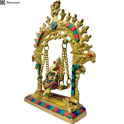 Brassaura™ Brass Gem Stone Work Ganesh Jhula Swing Idol Handwork Kirtimukha Ganesha Swing Statue Ganpati Bappa Jhoola Murti for Luck Home Decor Entrance Gift 28 Cm Weight 1.6 Kg