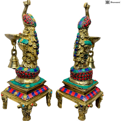 Brass Gem Stone Work Peackock Diya Pair Murti for Home and Decor Show Piece Height 28 cm Weight 4 Kg