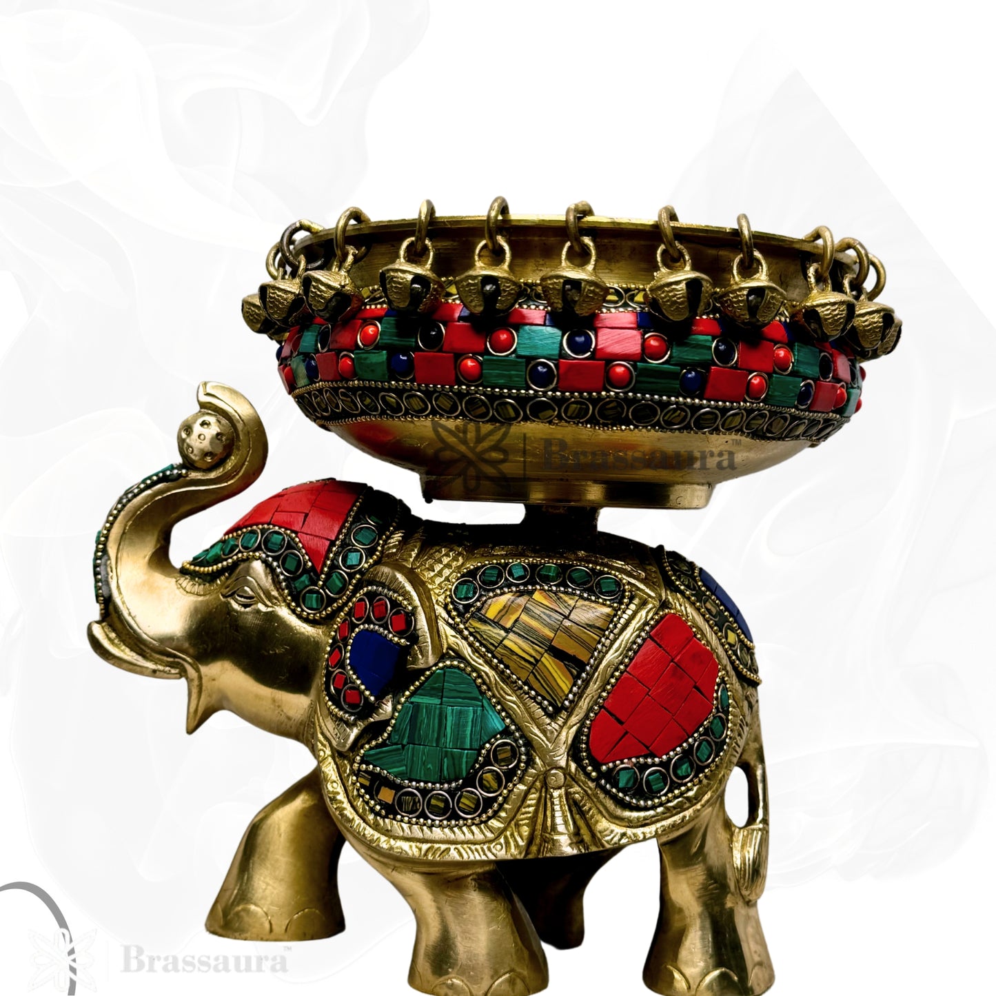 Brass Urli with Elephant Gem Stone Work Statue Religious and spirituality Home Decor Gift Height 19 cm Weight 3.2 Kg