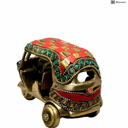 Brass Gem Stone Work Rickshaw for Home and Decor Show Piece for Living Room Weight .5 Kg Height 11 cm