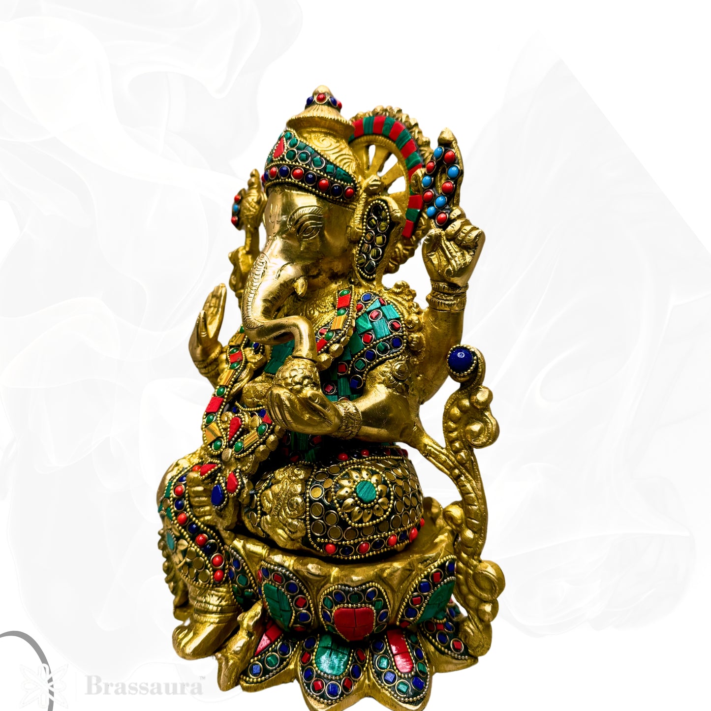 Brass Gem Stone Work Jewellery Ganesha Statue For Home Decor Weight 7 Kg And Height 33 Cm