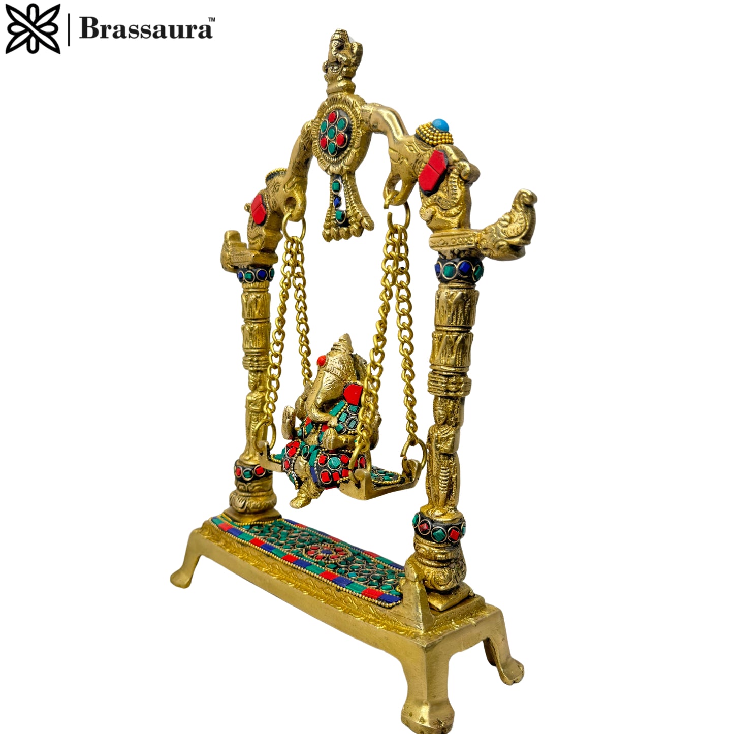 Brass Gem Stone Work Ganesha Jhula Statue For Home Decor Weight 2.5 Kg And Height 40 Cm