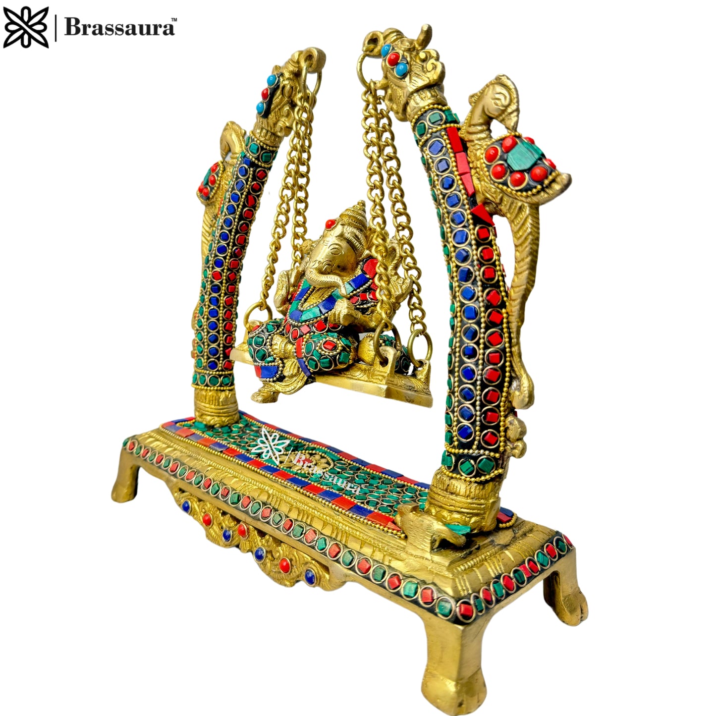Brass Gem Stone Work Ganesha Jhula Statue For Home Decor Weight 3.3 Kg And Height 28 Cm