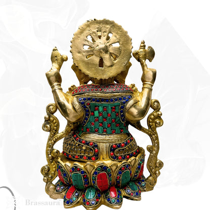 Brassaura™ Brass Gem Stone Work Ganesha Murti for Home and Decor Brass Jewellery Ganesha Bhagwan Statue for Pooja Room Ganesha Idols for Home Entrace Decor Good Luck Vastu Weight 7 Kg Height 33 cm