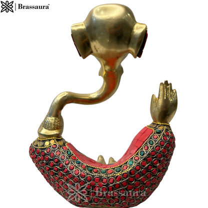 Brassaura™ Brass Trunk Ganesha Multicolor Gem Stone Handwork Idol Ganesh Statue in Modern Art for Home Office Desk Diwali Gift Pooja House Entrance Showpiece Gift Height 23 cm Weight 2.6 Kg