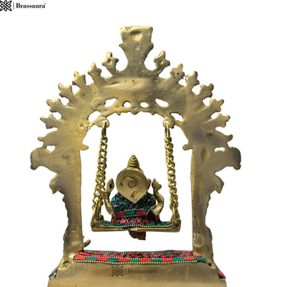 Brassaura™ Brass Gem Stone Work Ganesh Jhula Swing Idol Handwork Kirtimukha Ganesha Swing Statue Ganpati Bappa Jhoola Murti for Luck Home Decor Entrance Gift 28 Cm Weight 1.6 Kg