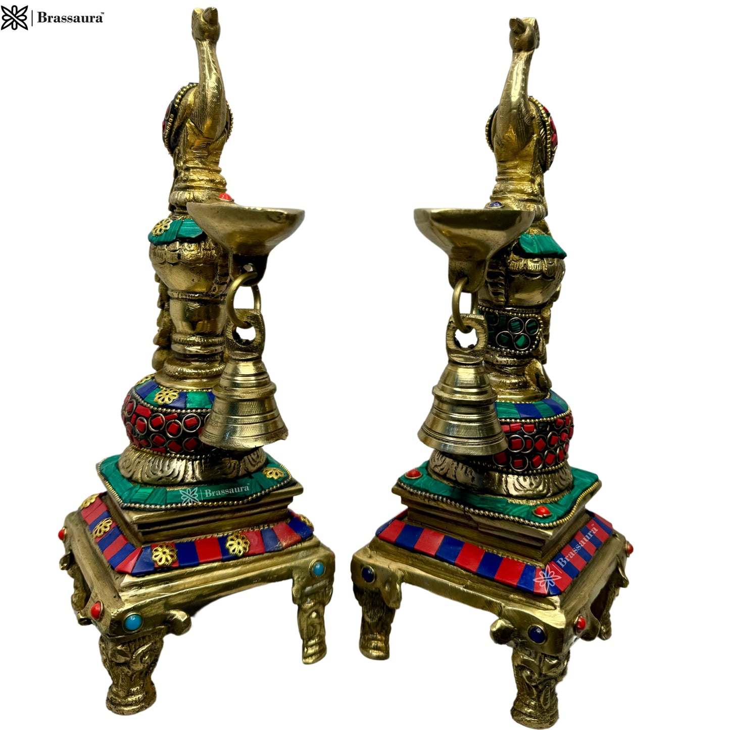 Brass Gem Stone Work Peackock Diya Pair Murti for Home and Decor Show Piece Height 28 cm Weight 4 Kg