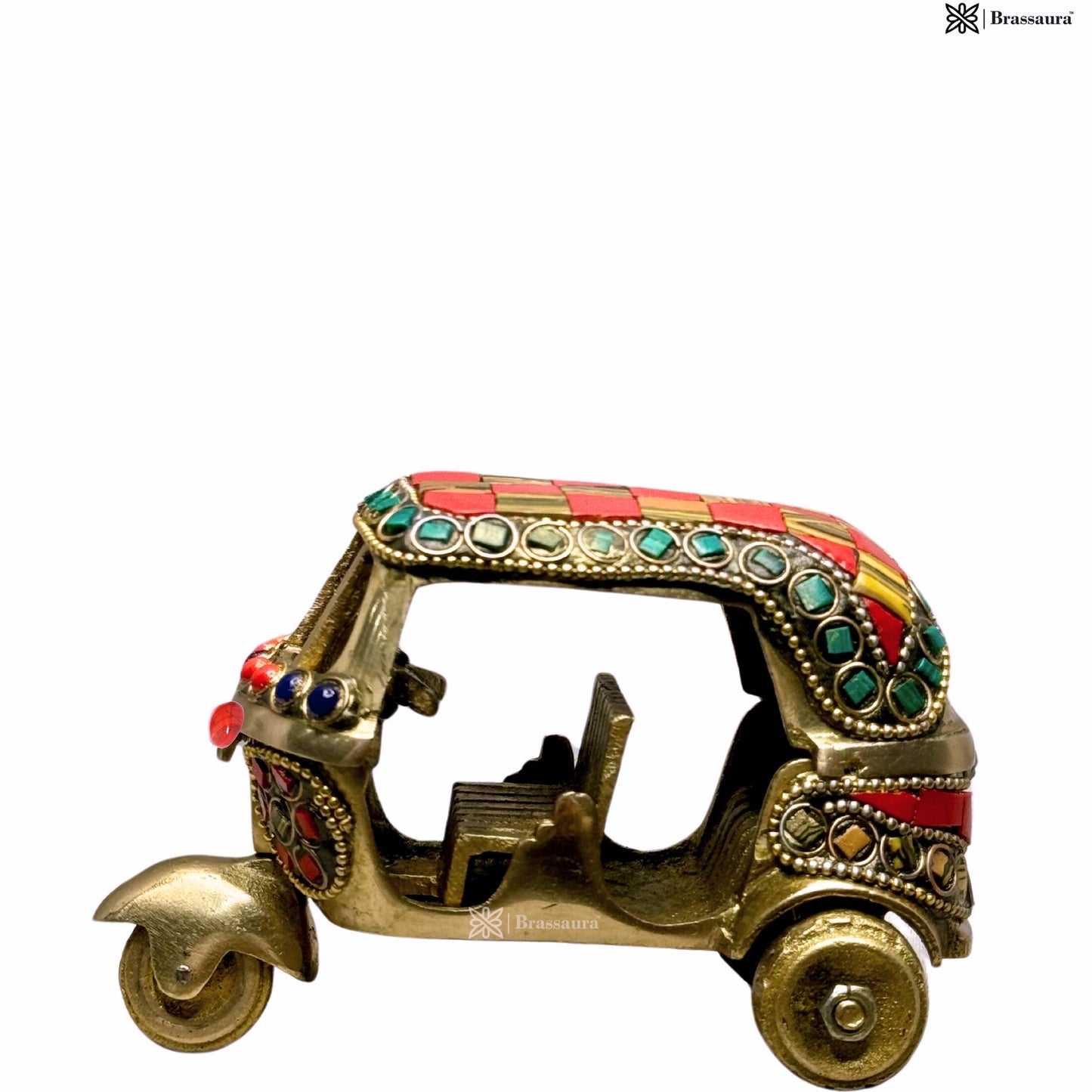 Brass Gem Stone Work Rickshaw for Home and Decor Show Piece for Living Room Weight .5 Kg Height 11 cm