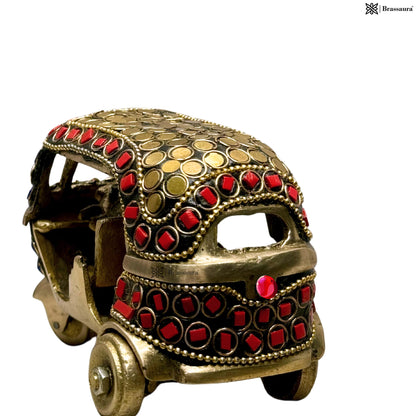 Brass Gem Stone Work Rickshaw for Home and Decor Show Piece for Living Room Weight .5 Kg Height 11 cm