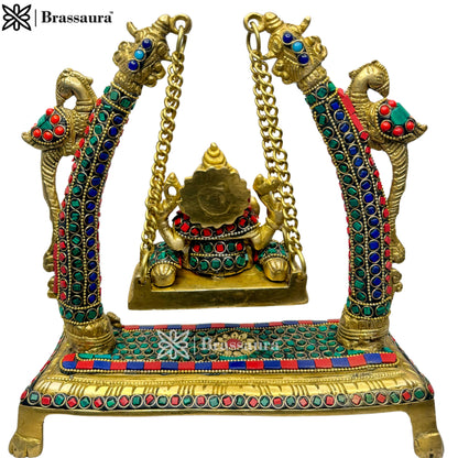 Brass Gem Stone Work Ganesha Jhula Statue For Home Decor Weight 3.3 Kg And Height 28 Cm