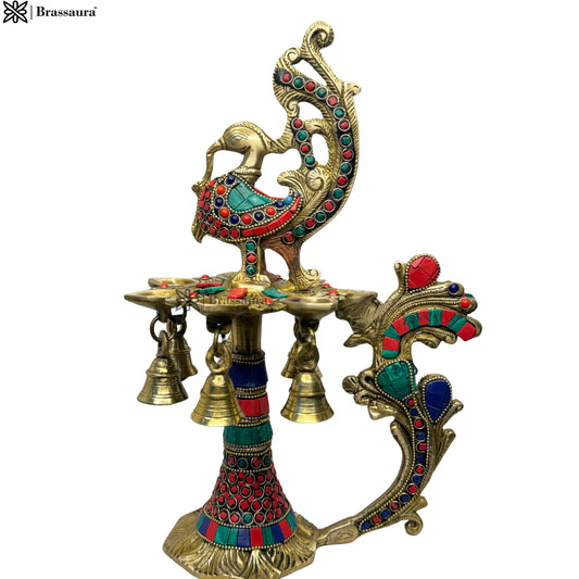 Brassaura® Brass Gemstone Work Diya with Gemstone Inlay Finish | Pure Superfine Brass Handcrafted Murti | Brass Statue for Home Temple, Pooja Room | Height 13 Inches | Weight 2.4 Kgs