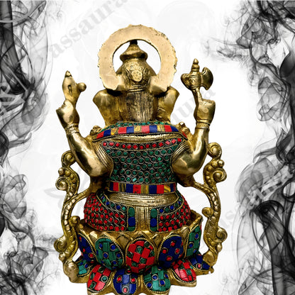 Brassaura™ Brass Gem Stone Inlay Work Lord Jewellary Ganesha Bhagwan Murti Sitting with Mooshak on Lotus Flower Base Idol for Home Decoration Ganpati Statue Diwali Gift Height 33 Cm Weight 7 Kg