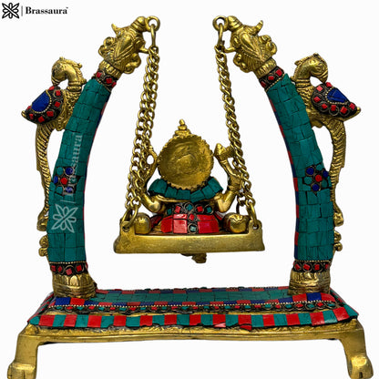 Brass Gem Stone Work Ganesha Jhula Statue For Home Decor Weight 3 Kg And Height 30 Cm