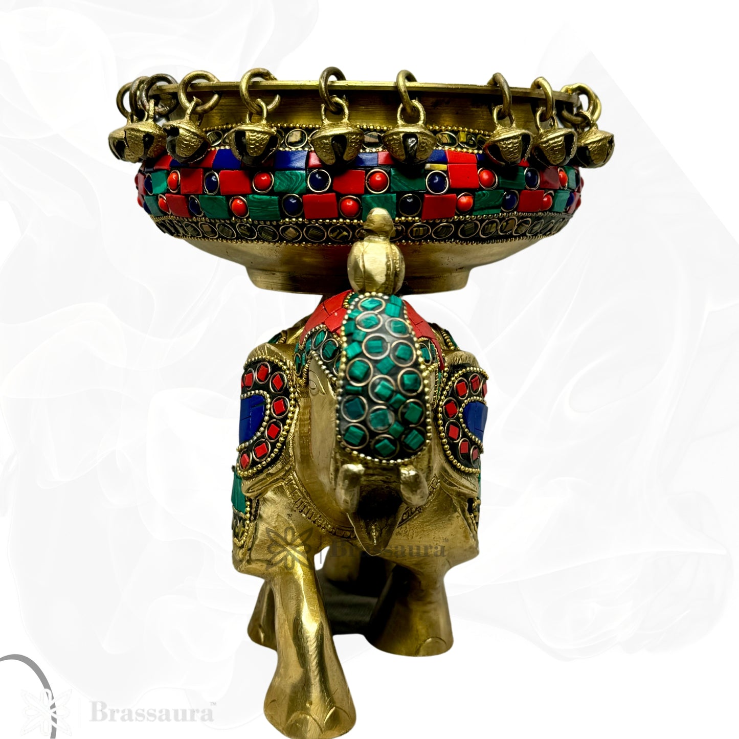 Brass Urli with Elephant Gem Stone Work Statue Religious and spirituality Home Decor Gift Height 19 cm Weight 3.2 Kg