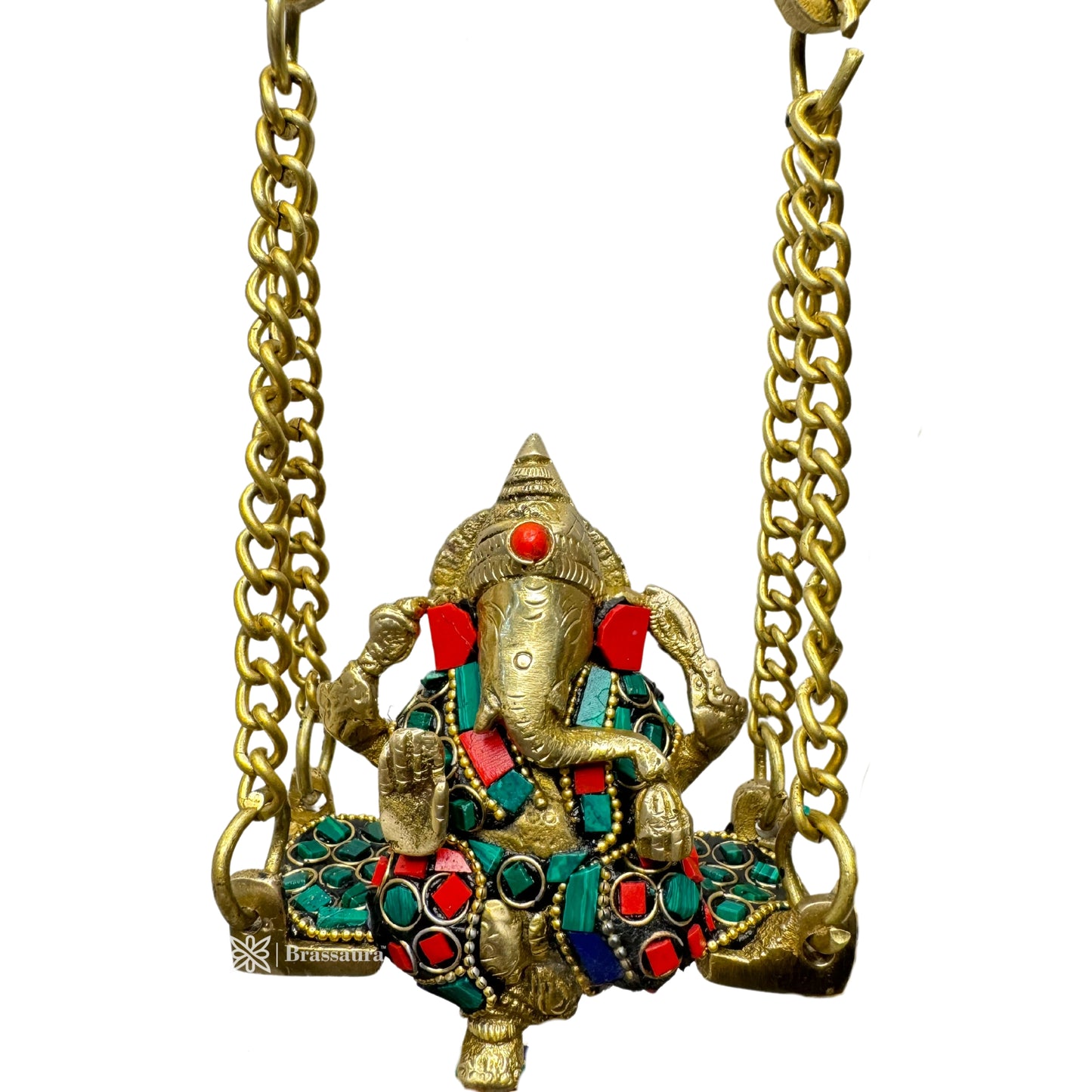 Brass Gem Stone Work Ganesha Jhula Statue For Home Decor Weight 2.5 Kg And Height 40 Cm