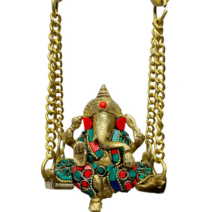 Brass Gem Stone Work Ganesha Jhula Statue For Home Decor Weight 2.5 Kg And Height 40 Cm