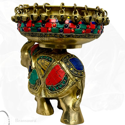 Brass Urli with Elephant Gem Stone Work Statue Religious and spirituality Home Decor Gift Height 19 cm Weight 3.2 Kg