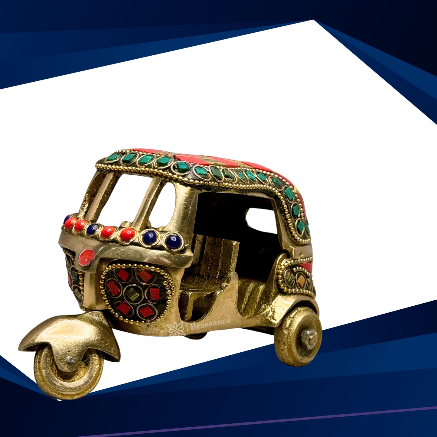 Brass Gem Stone Work Rickshaw for Home and Decor Show Piece for Living Room Weight .5 Kg Height 11 cm