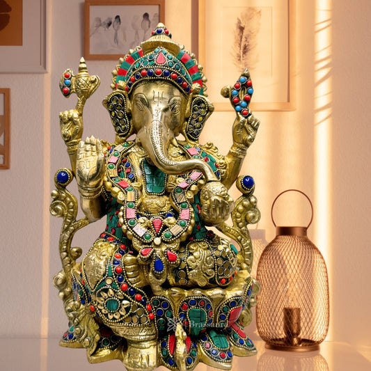 Brass Gem Stone Work Jewellery Ganesha Statue For Home Decor Weight 7 Kg And Height 33 Cm