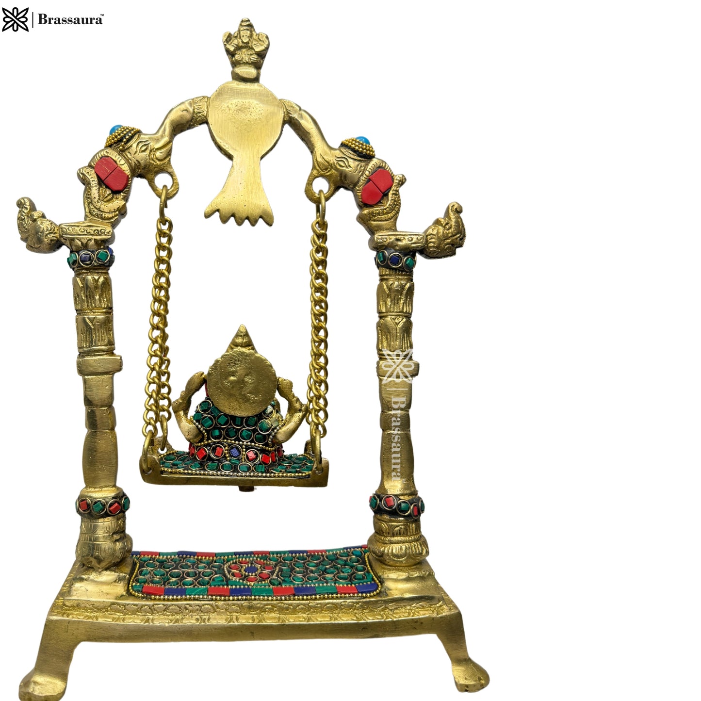 Brass Gem Stone Work Ganesha Jhula Statue For Home Decor Weight 2.5 Kg And Height 40 Cm