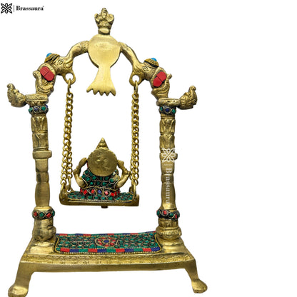 Brass Gem Stone Work Ganesha Jhula Statue For Home Decor Weight 2.5 Kg And Height 40 Cm