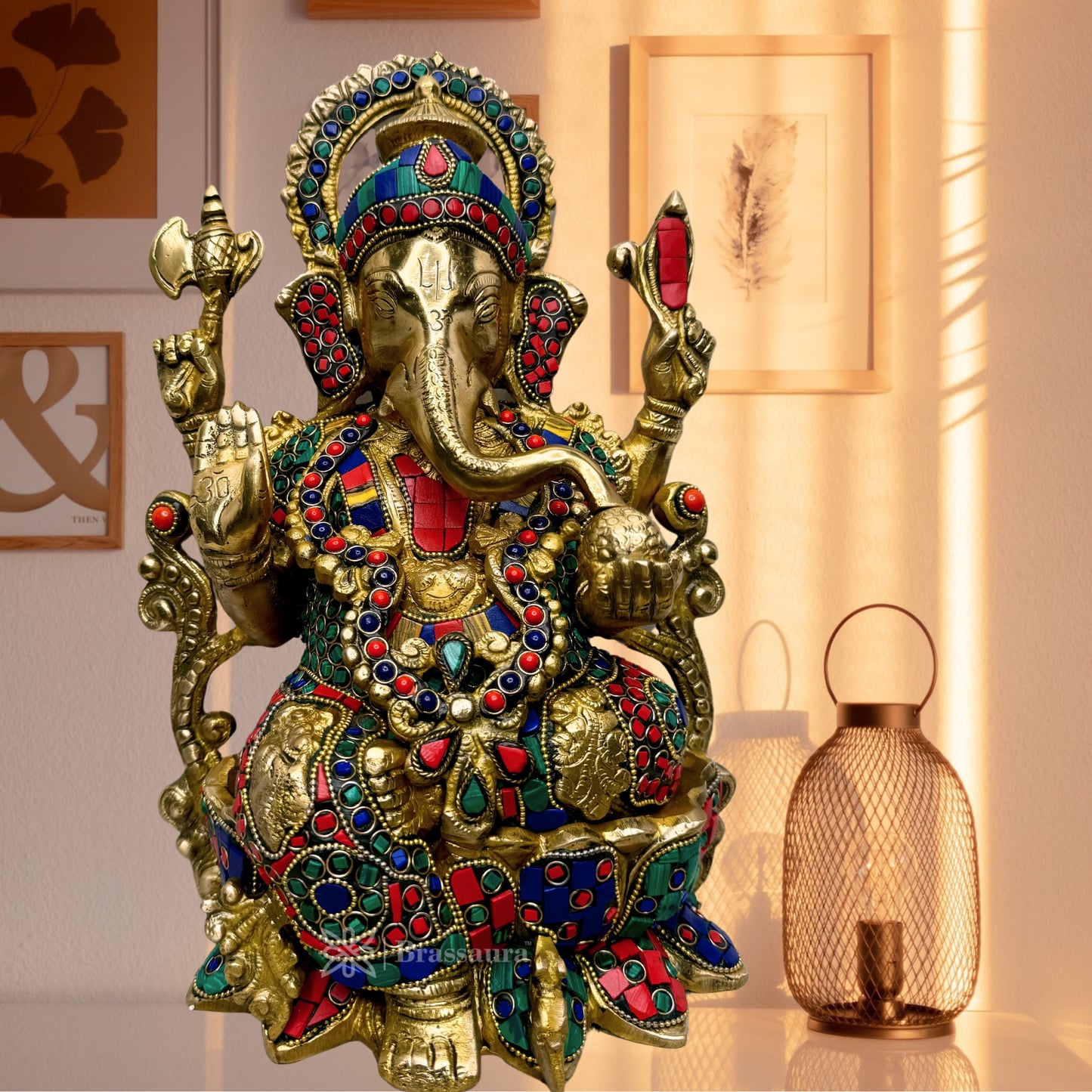 Brassaura™ Brass Gem Stone Inlay Work Lord Jewellary Ganesha Bhagwan Murti Sitting with Mooshak on Lotus Flower Base Idol for Home Decoration Ganpati Statue Diwali Gift Height 33 Cm Weight 7 Kg