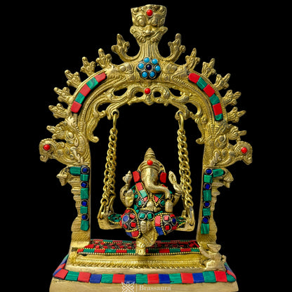 Brassaura™ Brass Gem Stone Work Ganesh Jhula Swing Idol Handwork Kirtimukha Ganesha Swing Statue Ganpati Bappa Jhoola Murti for Luck Home Decor Entrance Gift 28 Cm Weight 1.6 Kg