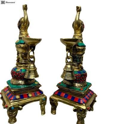 Brass Gem Stone Work Peackock Diya Pair Murti for Home and Decor Show Piece Height 28 cm Weight 4 Kg