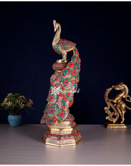 Brassaura™ Brass Large Peacock Showpiece with Meenakari Work – Height 20 Inches & Weight 8.5 Kgs