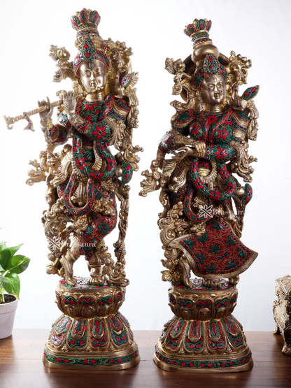 Brassaura™ Brass Gem Stone Work Radha-Krishna Idol – Height 30 Inches & Weight 40 Kgs | Premium Devotional Sculpture