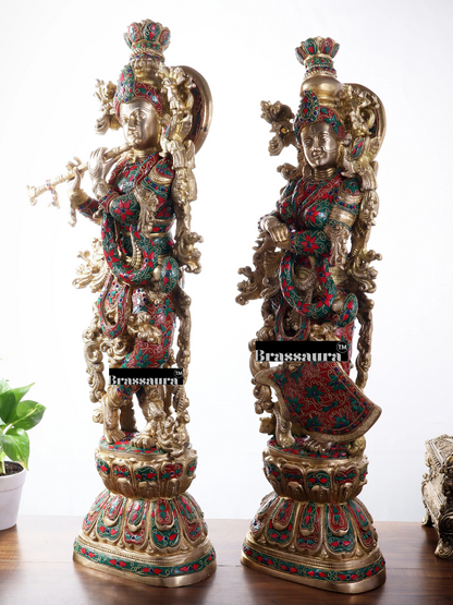 Brassaura™ Brass Gem Stone Work Radha-Krishna Idol – Height 30 Inches & Weight 40 Kgs | Premium Devotional Sculpture