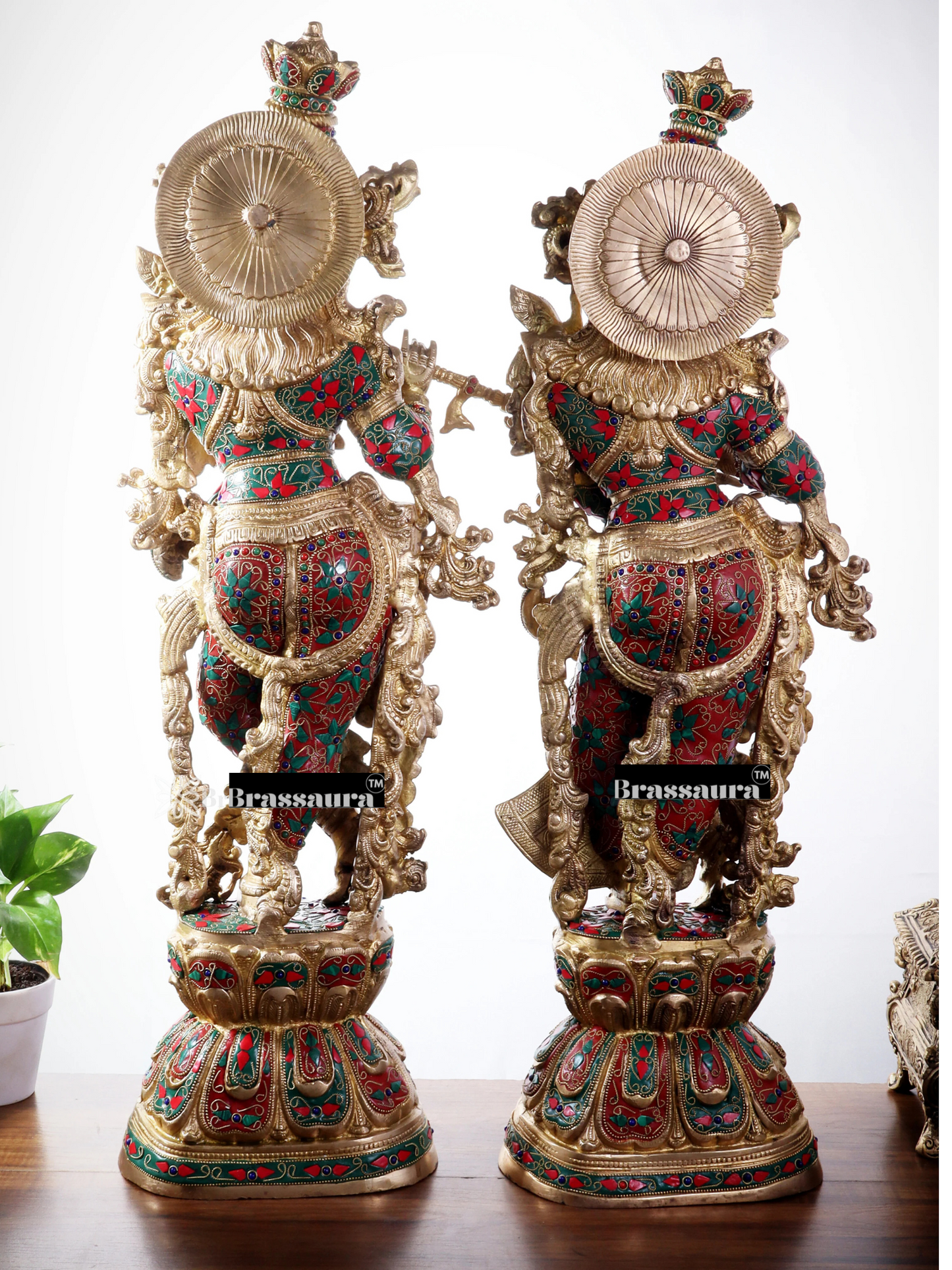 Brassaura™ Brass Gem Stone Work Radha-Krishna Idol – Height 30 Inches & Weight 40 Kgs | Premium Devotional Sculpture