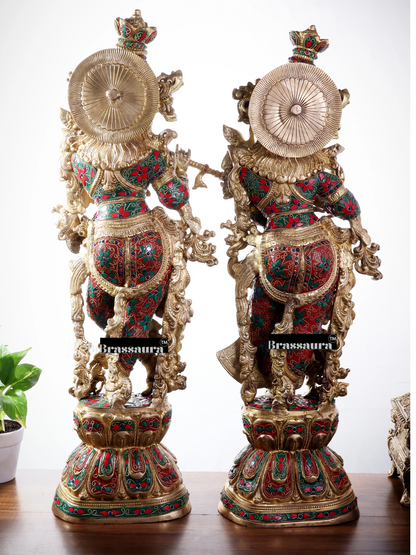 Brassaura™ Brass Gem Stone Work Radha-Krishna Idol – Height 30 Inches & Weight 40 Kgs | Premium Devotional Sculpture
