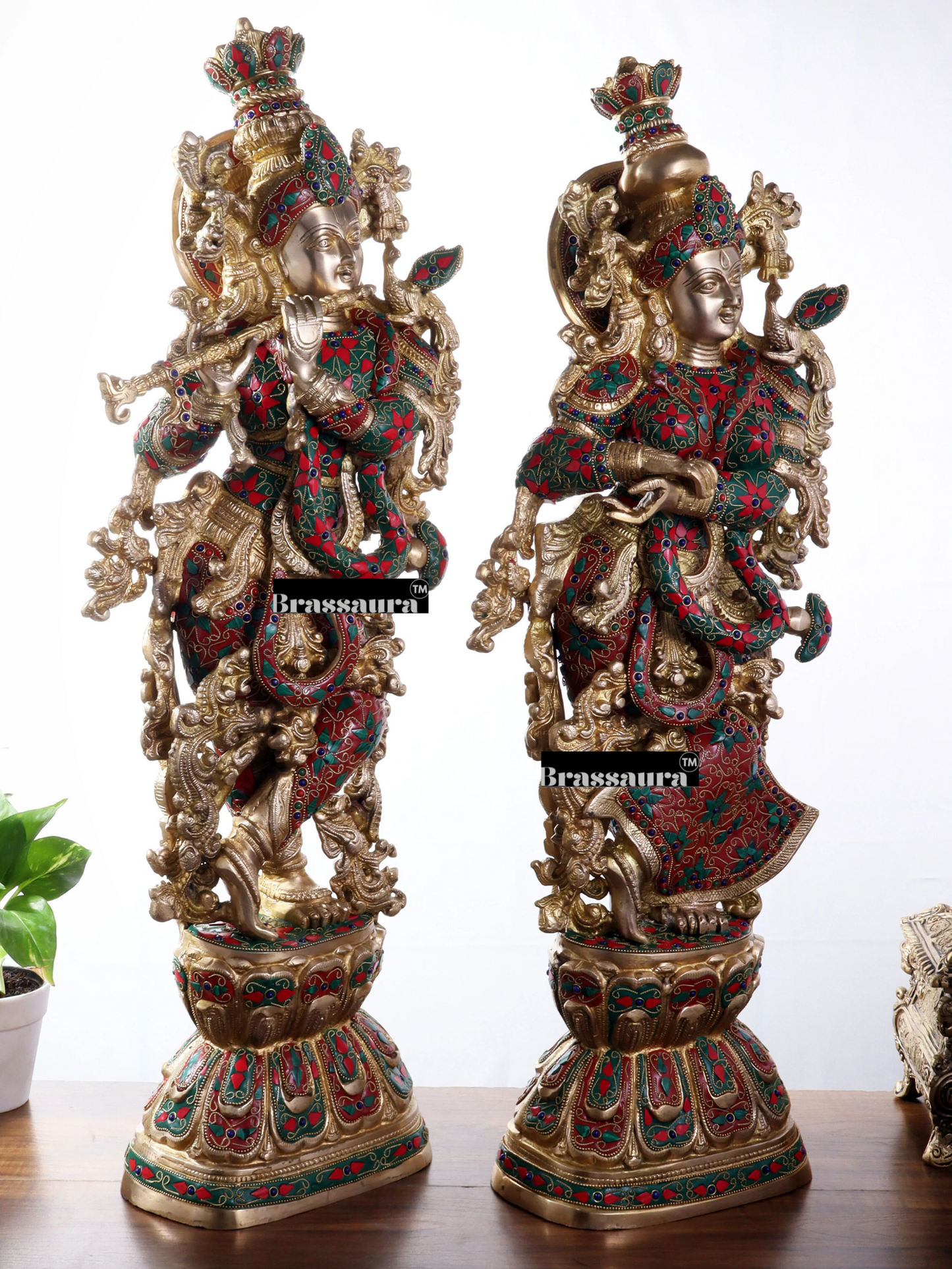 Brassaura™ Brass Gem Stone Work Radha-Krishna Idol – Height 30 Inches & Weight 40 Kgs | Premium Devotional Sculpture