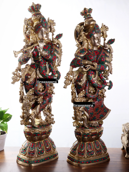 Brassaura™ Brass Gem Stone Work Radha-Krishna Idol – Height 30 Inches & Weight 40 Kgs | Premium Devotional Sculpture