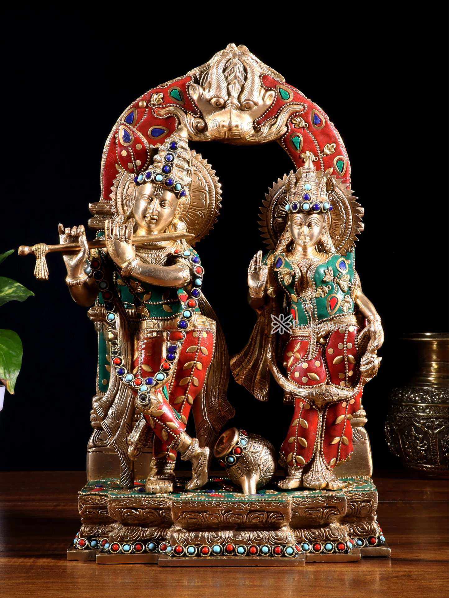 Brassaura™ Brass Gem Stone Work Radha-Krishna Murti – Height 14 Inches & Weight 7.5 Kgs | Home & Temple Décor