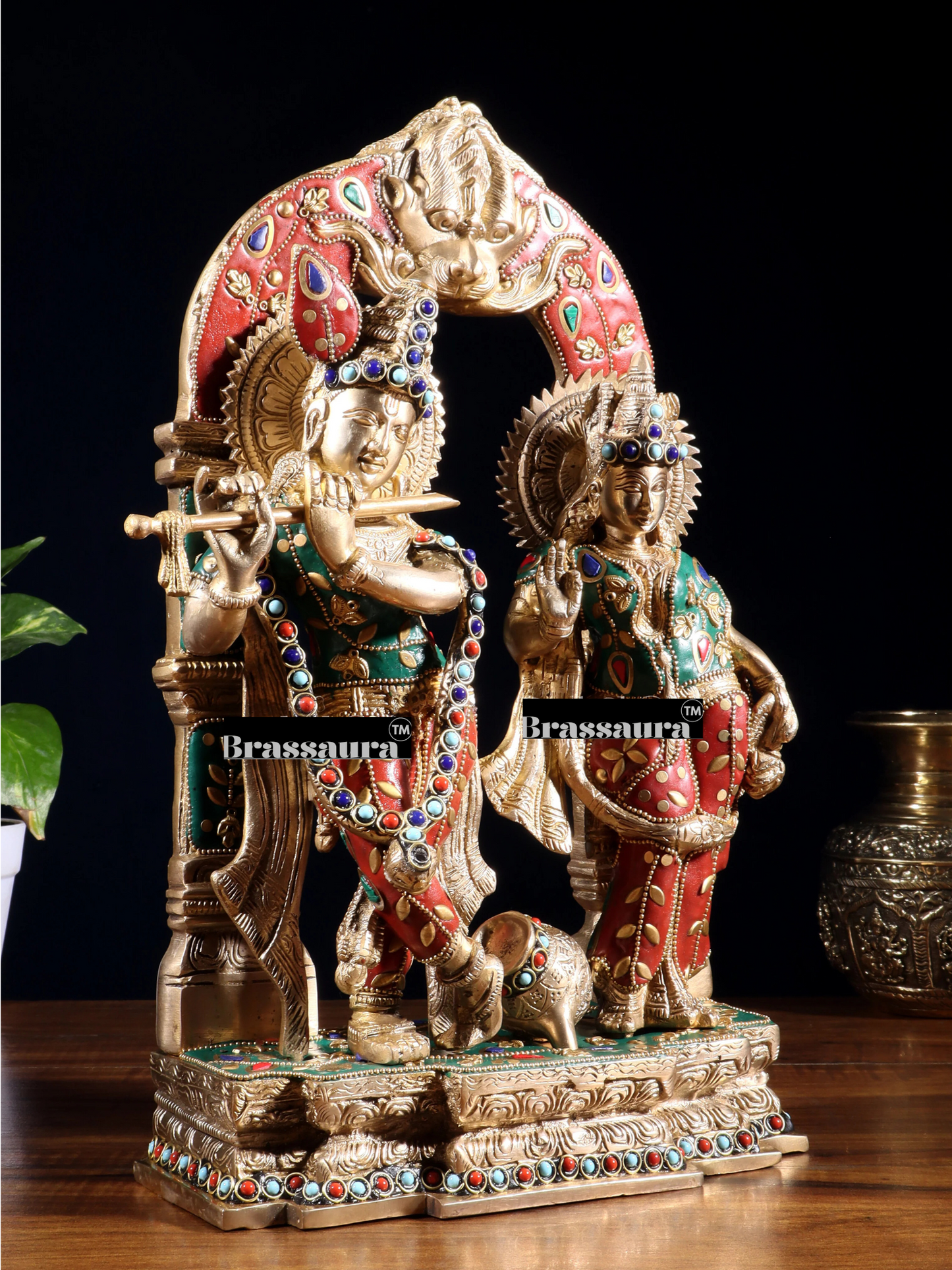 Brassaura™ Brass Gem Stone Work Radha-Krishna Murti – Height 14 Inches & Weight 7.5 Kgs | Home & Temple Décor