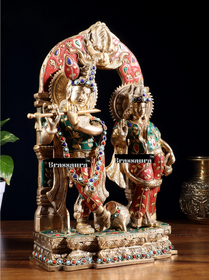 Brassaura™ Brass Gem Stone Work Radha-Krishna Murti – Height 14 Inches & Weight 7.5 Kgs | Home & Temple Décor