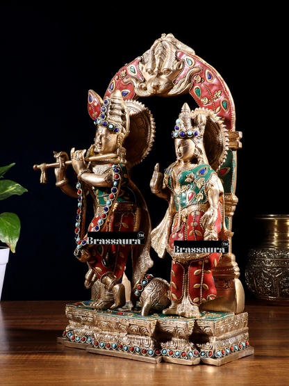 Brassaura™ Brass Gem Stone Work Radha-Krishna Murti – Height 14 Inches & Weight 7.5 Kgs | Home & Temple Décor