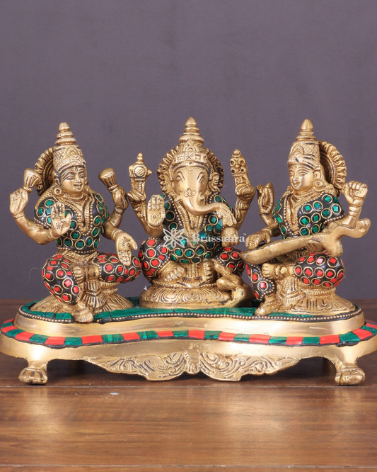 Brassaura® Ganesha Lakshmi Saraswati Idol | Pure Superfine Brass Handcrafted Murti | Brass Statue for Home Temple, Pooja Room | Height 6.2 Inches | Weight 3 Kgs