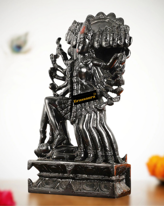 Brassaura™ Mahakali Brass Statue Idol with 10 Heads – 10kg | 15" Height – Antique