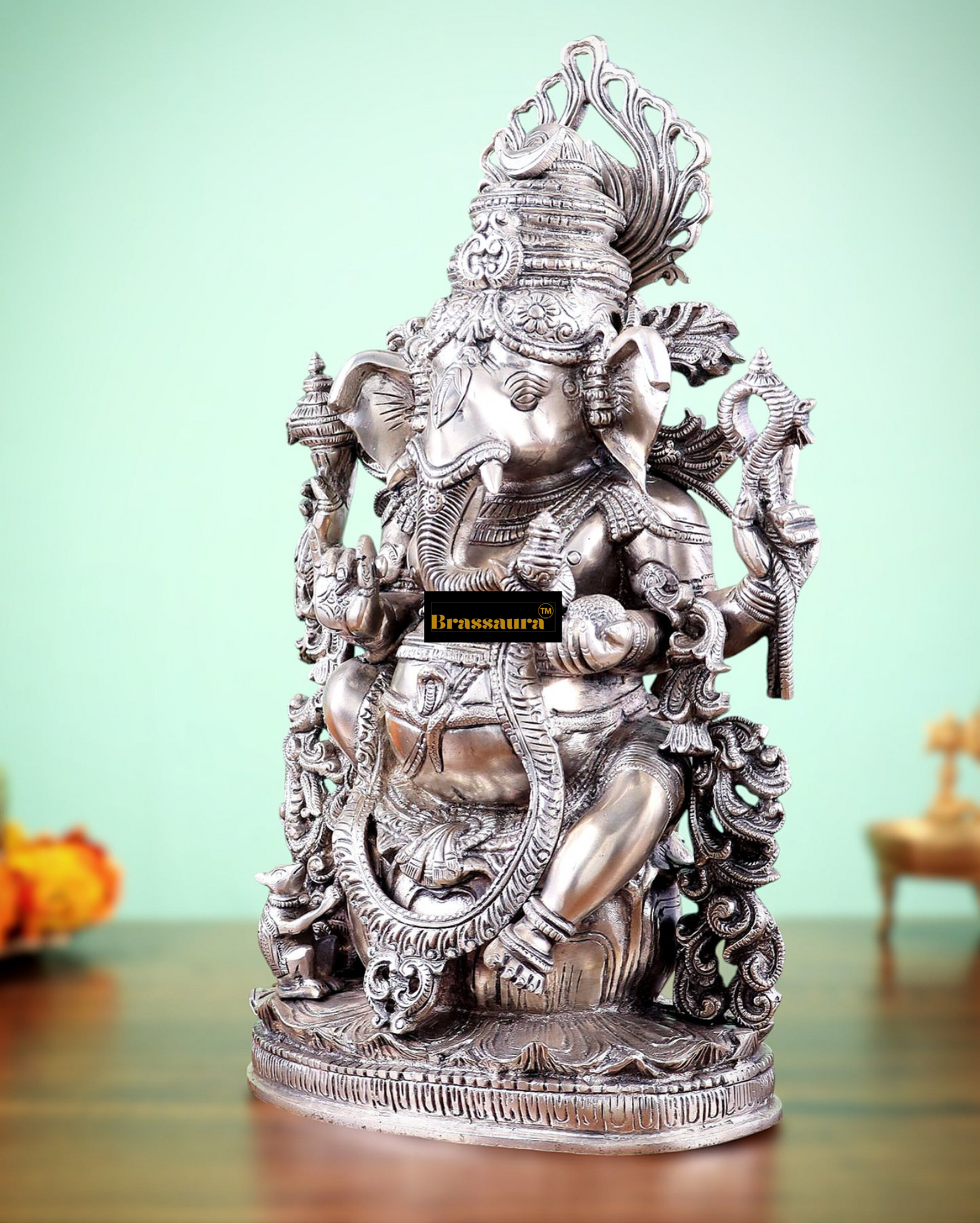 Brassaura™ Pure Superfine Brass Lord Ganesha Statue – 14" Height, 7.5 kg – Unique Handcrafted Elegance