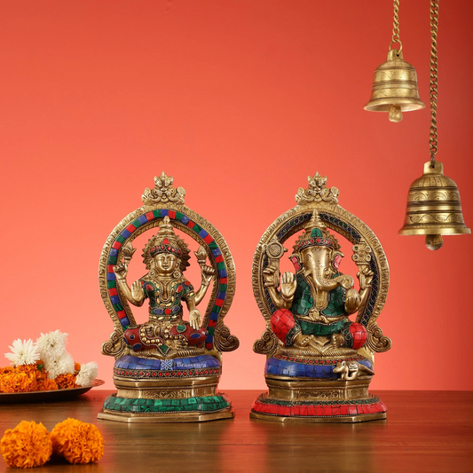 Brassaura® Lakshmi Ganesha Idol Set with Vibrant Gemstone Inlay | Pure Superfine Brass Handcrafted Murti | Brass Statue for Home Temple, Pooja Room | Height 11 Inches | Weight 7 Kgs